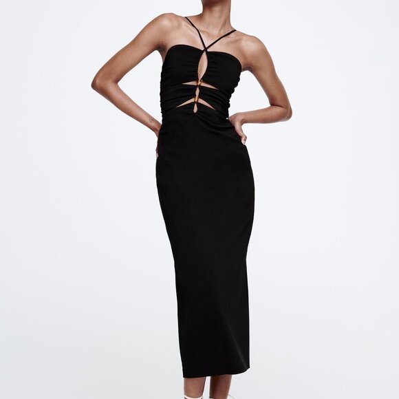 ZARA Cut Out Midi Dress, Wooden Bead Detail, Black, XS - Picture 1 of 12